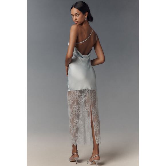 Shona Joy NWT Labyrinth One Shoulder Silky Lace Maxi Dress Blue Size 10 - Picture 2 of 11